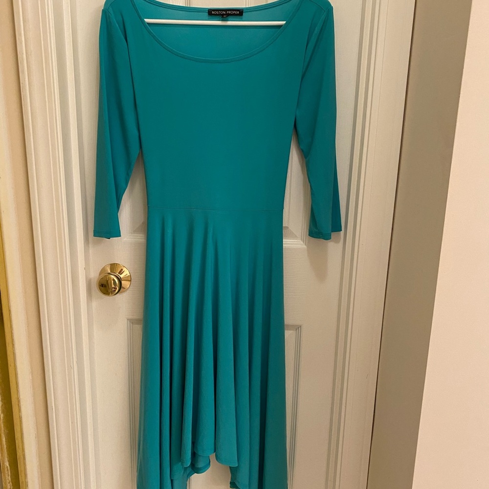Boston Proper new waterfall hem shark bite hem turquoise teal midi dress